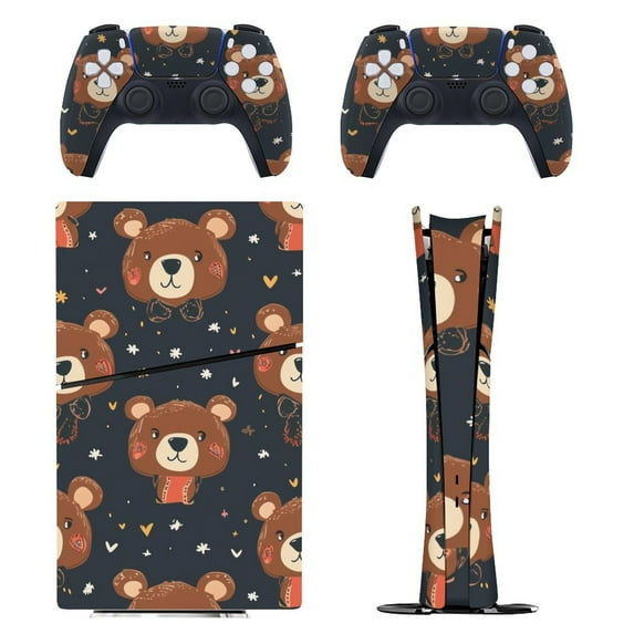 Skin Sticker for PS5 Slim Standard PS5 Pro Disc Digital Edition Console and Controllers Decals for Playstation 5 (Dark Cute Bear Pattern,PS5 Pro Disc Edition)