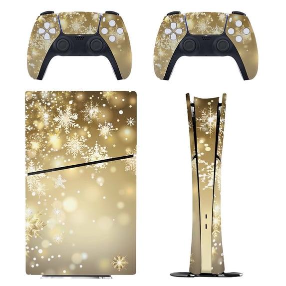 Skin Sticker for PS5 Slim Standard PS5 Pro Disc Digital Edition Console and Controllers Decals for Playstation 5 (Elegant Gold Christmas Snowflake ,PS5 Pro Standard)
