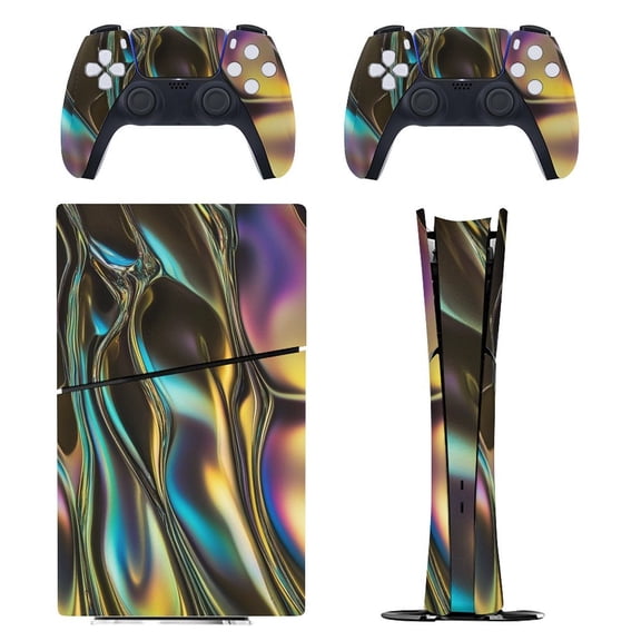 Skin Sticker for PS5 Slim Standard PS5 Pro Disc Digital Edition Console and Controllers Decals for Playstation 5 (Iridescent Chrome Fluid Shapes,PS5 Slim Disc Edition)