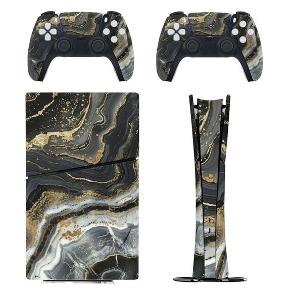Skin Sticker for PS5 Slim Standard PS5 Pro Disc Digital Edition Console and Controllers Decals for Playstation 5 (Marble Pattern Black Gold,PS5 Slim Disc Edition)