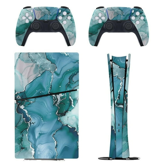 Skin Sticker for PS5 Slim Standard PS5 Pro Disc Digital Edition Console and Controllers Decals for Playstation 5 (Marble Pattern Blue Gold,PS5 Pro Disc Edition)