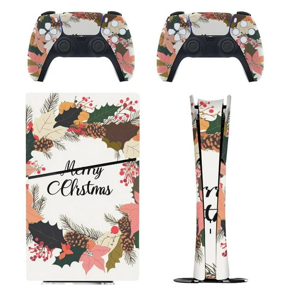 Skin Sticker for PS5 Slim Standard PS5 Pro Disc Digital Edition Console and Controllers Decals for Playstation 5 (Merry Christmas Lettering Wreath Leanfs,PS5 Slim Disc Edition)