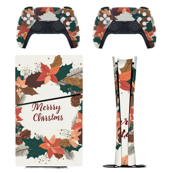 Skin Sticker for PS5 Slim Standard PS5 Pro Disc Digital Edition Console and Controllers Decals for Playstation 5 (Merry Christmas Lettering Wreath Leanfs,PS5 Pro Disc Edition)