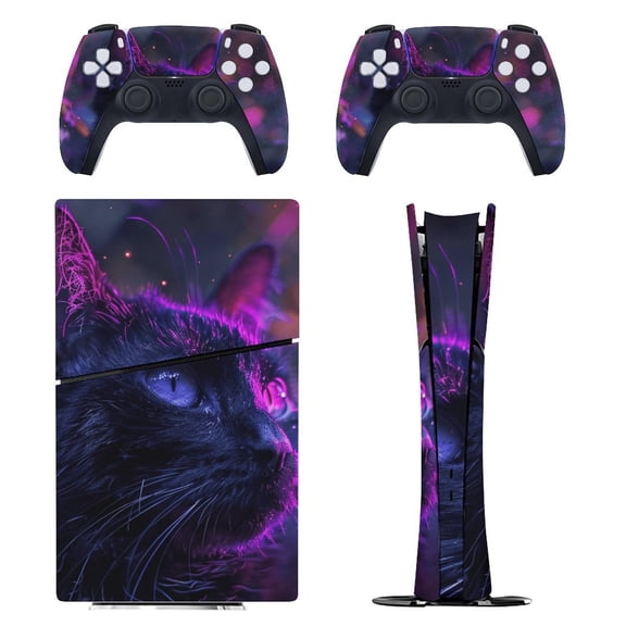 Skin Sticker for PS5 Slim Standard PS5 Pro Disc Digital Edition Console and Controllers Decals for Playstation 5 (Neon Dark Cat,PS5 Slim Disc Edition)