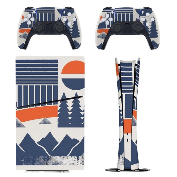 Skin Sticker for PS5 Slim Standard PS5 Pro Disc Digital Edition Console and Controllers Decals for Playstation 5 (Simplicity Vintage Geometric Mountains Trees,PS5 Slim Disc Edition)