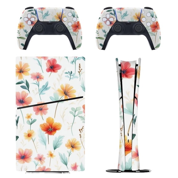 Skin Sticker for PS5 Slim Standard PS5 Pro Disc Digital Edition Console and Controllers Decals for Playstation 5 (Watercolor Flower Pattern,PS5 Slim Disc Edition)