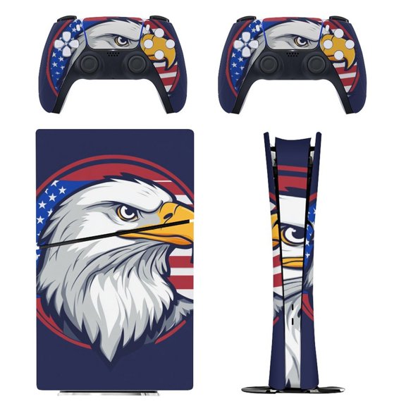 Skin Sticker Set for PS5 Pro Slim Disc Digital Edition Full Body Protective Wrap for PlayStation 5 Console & 2 Controllers Eagle, America Flag Background