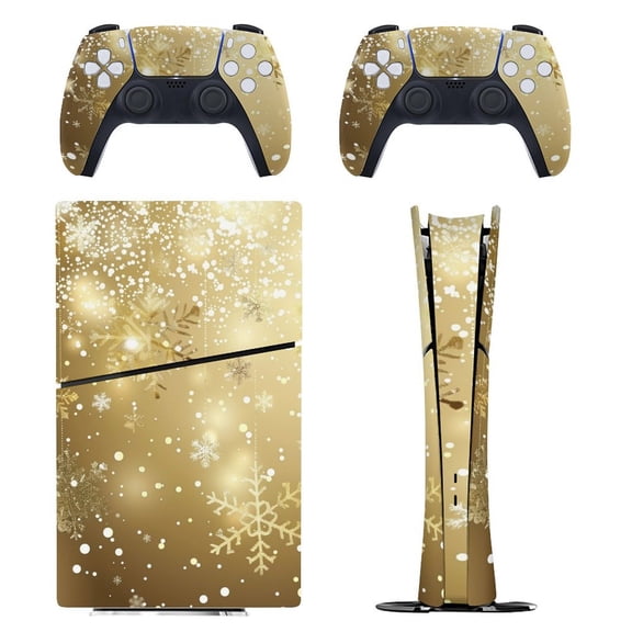 Skin Sticker Set for PS5 Pro Slim Disc Digital Edition Full Body Protective Wrap for PlayStation 5 Console & 2 Controllers Elegant Gold Christmas Snowflake
