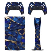 Skin Sticker Set for PS5 Pro Slim Disc Digital Edition Full Body Protective Wrap for PlayStation 5 Console & 2 Controllers Blue And Gold Mosaic