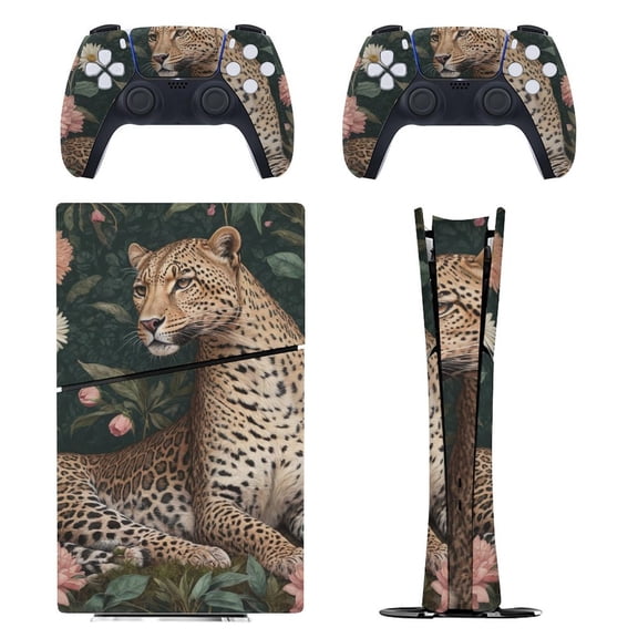 Skin Sticker Set for PS5 Pro Slim Disc Digital Edition Full Body Protective Wrap for PlayStation 5 Console & 2 Controllers Cheetah in Floral Jungle