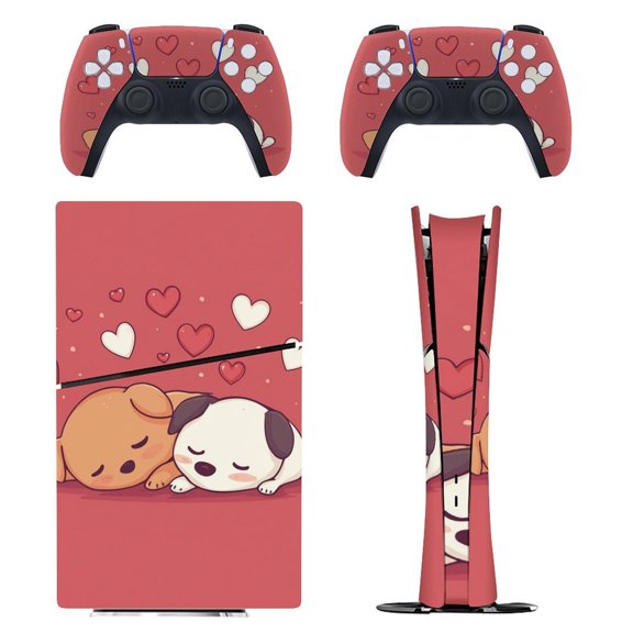 Skin Sticker Set for PS5 Pro Slim Disc Digital Edition Full Body Protective Wrap for PlayStation 5 Console & 2 Controllers Doggie Couple Valentines