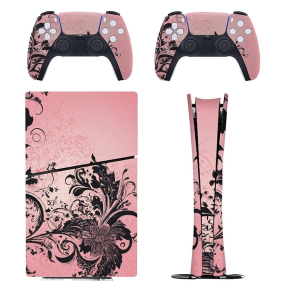 Skin Sticker Set for PS5 Pro Slim Disc Digital Edition Full Body Protective Wrap for PlayStation 5 Console & 2 Controllers Ornate Pink Floral Swirl