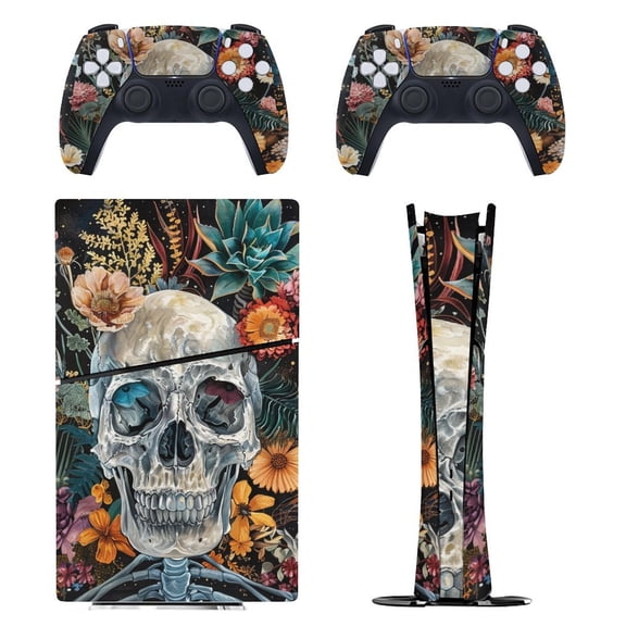 Skin Sticker Set for PS5 Pro Slim Disc Digital Edition Full Body Protective Wrap for PlayStation 5 Console & 2 Controllers Skull Flowers Illustration