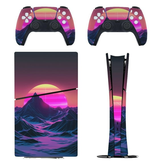 Skin Sticker for PS5 Slim Standard Disc Digital Edition Console and Controllers Decals for Playstation 5 (Cyber Neon Mountains,PS5 Slim)