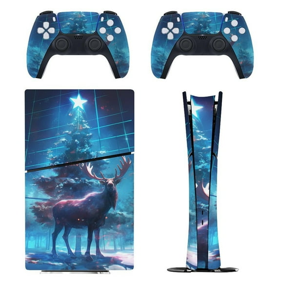Skin Sticker for PS5 Slim Standard Disc Digital Edition Console and Controllers Decals for Playstation 5 (Fantasy Christmas Tree Deer,PS5 Slim)