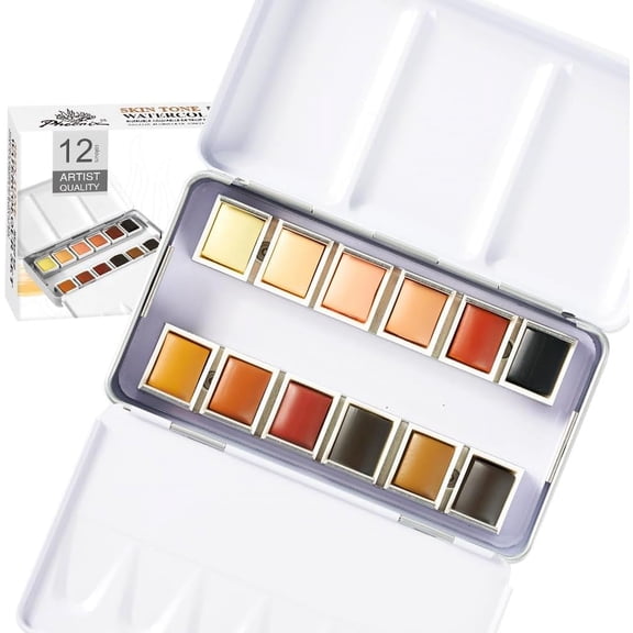 Skin Tone Watercolor Paint Set - 12 Flesh Colors Artist Grade Half Pans Portrait Colors Watercolor Travel Set for Adults, Professional Artists