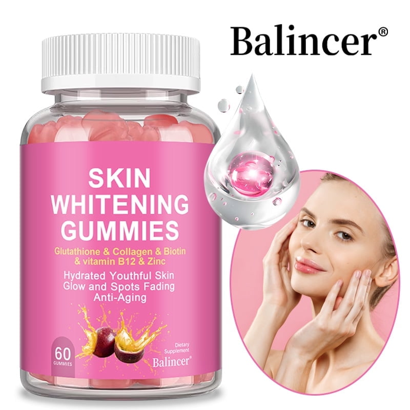 Skin Whitening Gummies, with Glutathione, Collagen, Hydrated Youthful Skin, Spots Fading, Anti-Aging, 60 Gummies