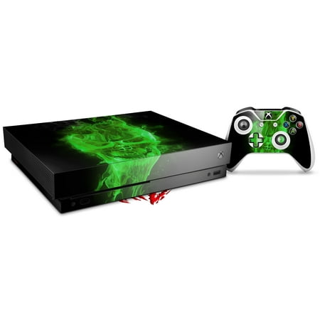 Skin Wrap for XBOX One X Console and Controller Flaming Fire Skull Green