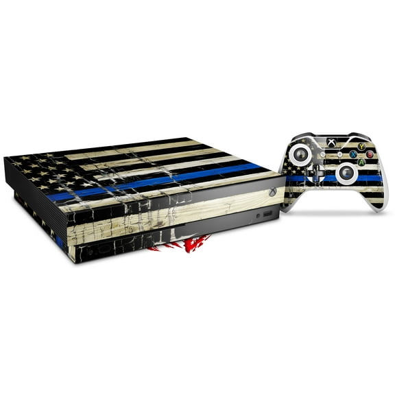 Skin Wrap for XBOX One X Console and Controller Painted Faded Cracked Blue Line Stripe USA American Flag