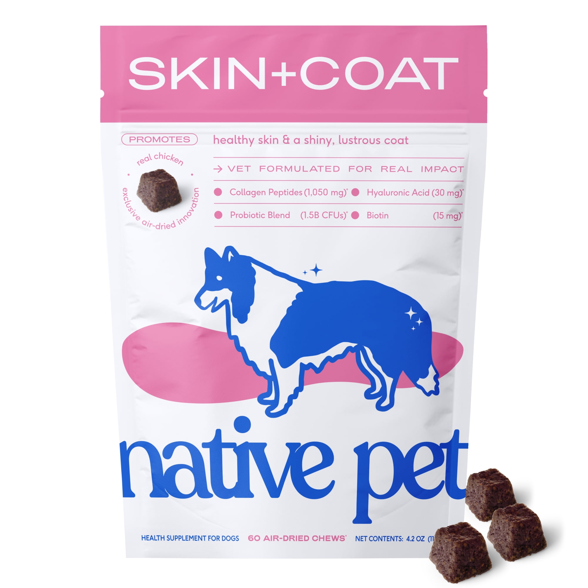 Native Pet Skin and Coat Chews for Dogs with Salmon Oil and Collagen for Healthy Skin and Shiny Coat, 60ct