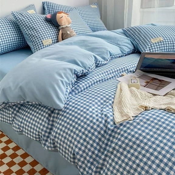 Cotton Small Plaid Duvet Cover 59x78.7in Blue Plaid