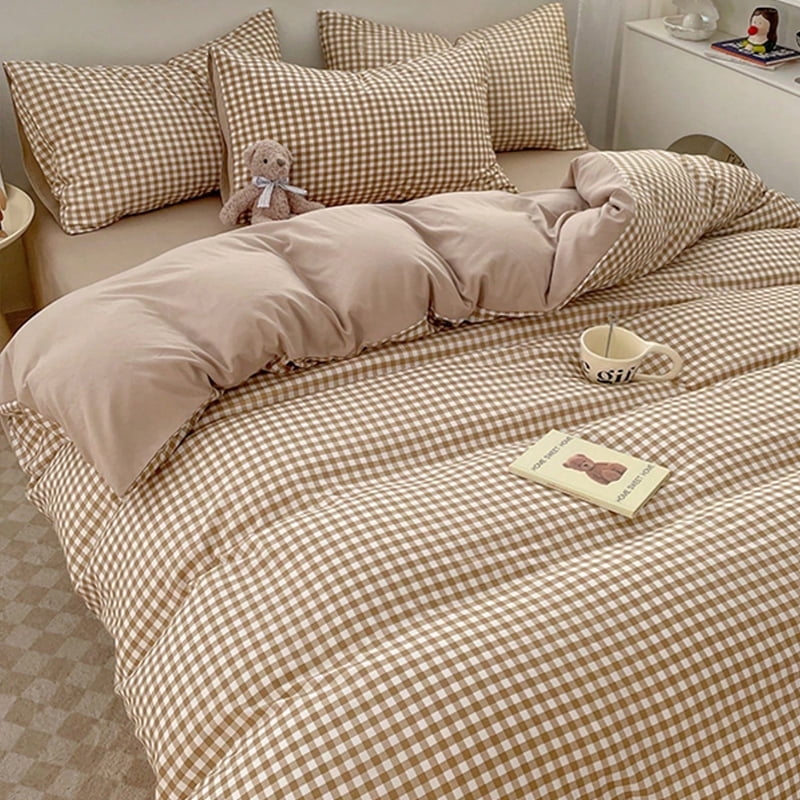 China Small Plaid Cotton Duvet Cover, 70.8x86.6in, Pink Plaid