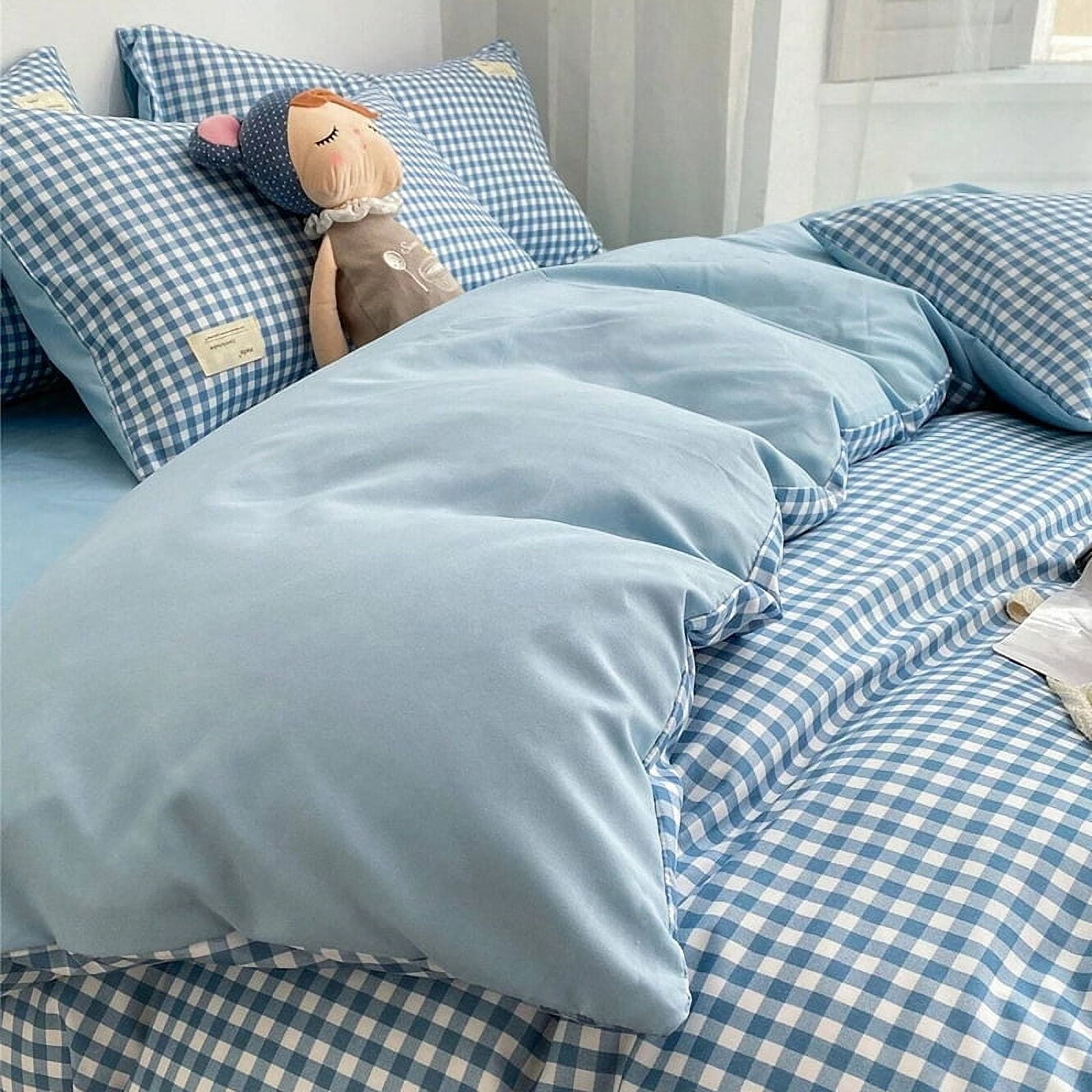 China Cotton Small Plaid Duvet Cover, 86.6x94.5 Inches, Blue Plaid