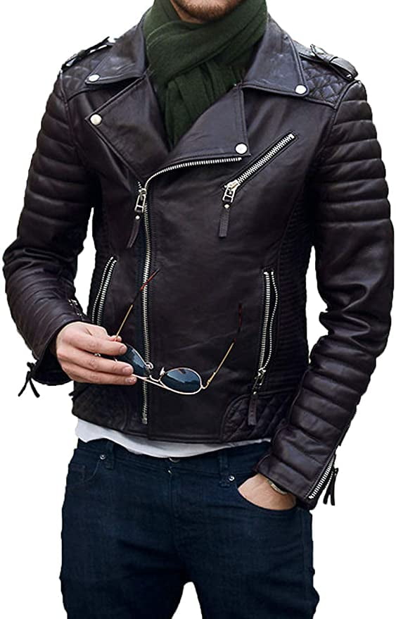 SkinOutfit Men's Leather Jacket Genuine Lambskin Motorcycle Bomber Biker  Lightweight Outerwear Black 