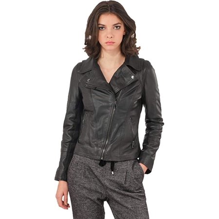 SkinOutfit Women Leather Jacket Genuine Lambskin Stylish Casual Slim fit Biker Motorcycle Coat Outerwear 116 M Black