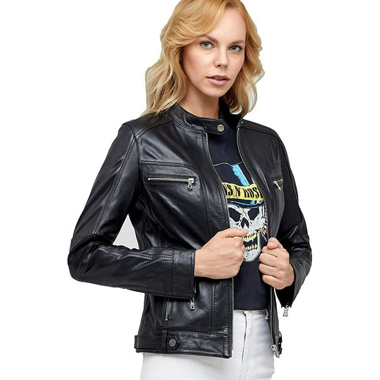 Womens Leather Jacket Genuine Lambskin Real Biker Motorcycle Slim Fit Coat  Black