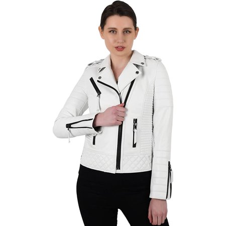 SkinOutfit Women Leather Jacket Genuine Lambskin Stylish Casual Slim fit Biker Motorcycle Coat Outerwear 67 XXXL White