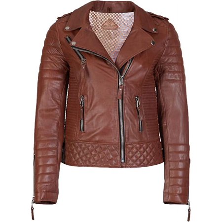 SkinOutfit Women Motorcycle Leather Jacket Genuine Lambskin Café Racer Biker Outerwear XXL Tan
