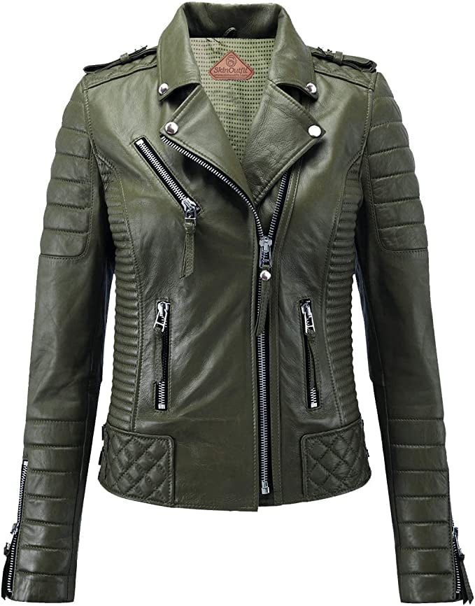 SkinOutfit Women s Motorcycle Leather Jacket Genuine Lambskin Caf