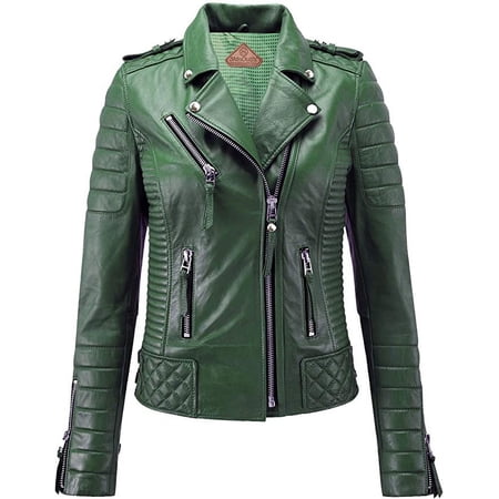 SkinOutfit Women's Motorcycle Leather Jacket Genuine Lambskin Café Racer Biker Outerwear S Dark Green