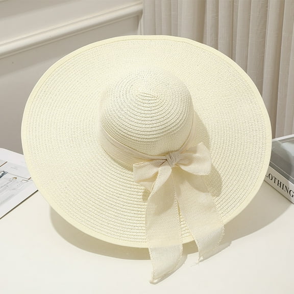 Skinada Women Straw Hat Bow-knot Decor Foldable Wide Brim Sun Hats UV UPF 50 
