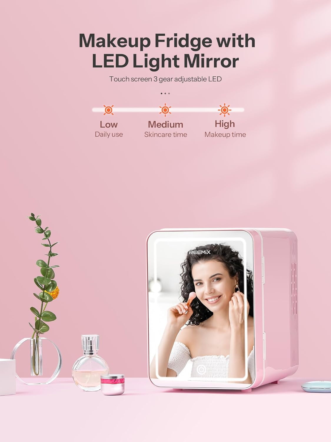 Skincare Fridge,  Beauty Fridge with LED Mirror, 4L Portable Small Refrigerator for Bedroom, Car, Office & Dorm, Cooler & Warmer (Pink)