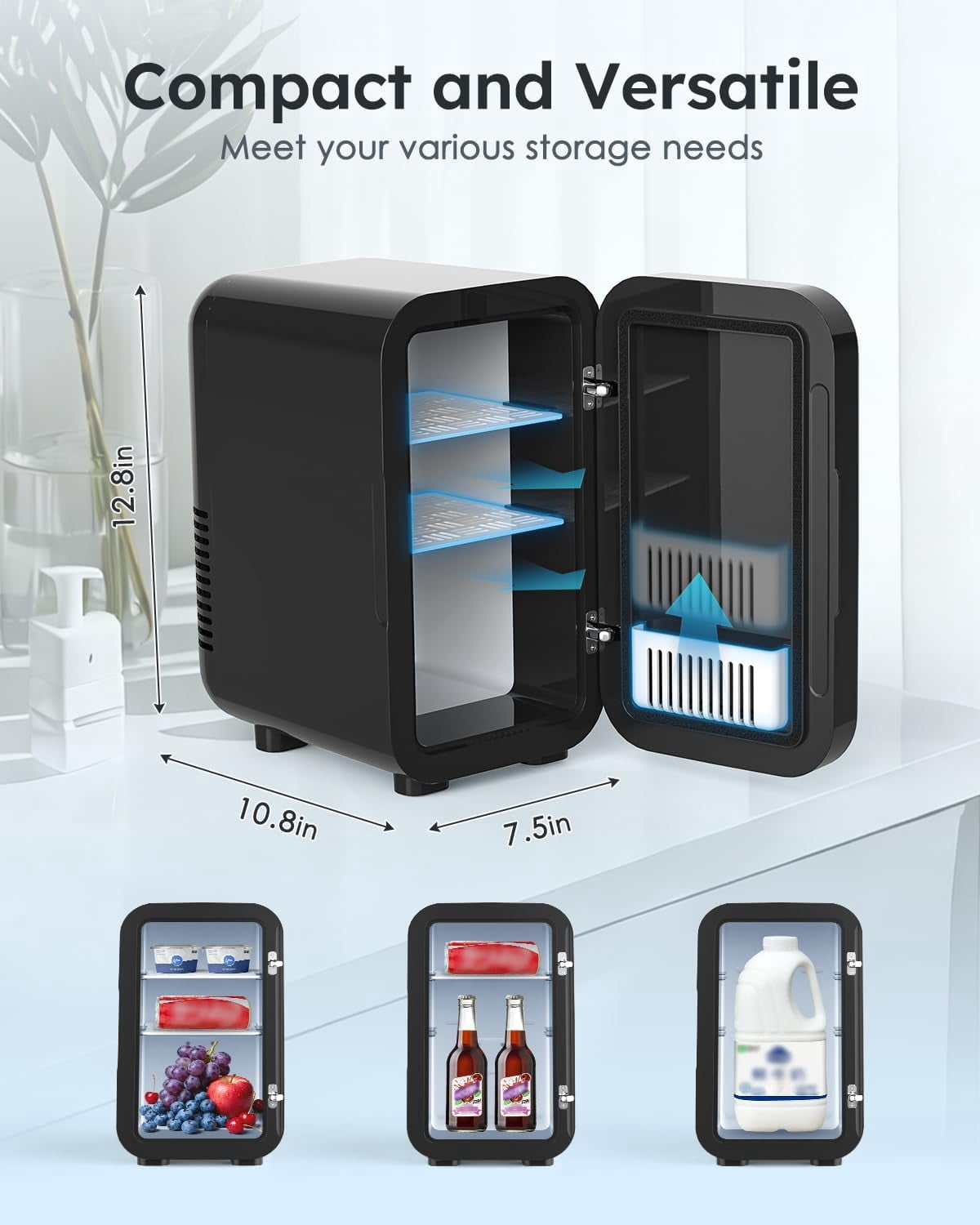 Skincare Fridge with Glass Panel, 6L  Fridge for Home/Car,  Portable Thermoelectric Cooler and Warmer, Makeup  Compact Refrigerator for Skincare Cosmetics Food Drinks (Black)