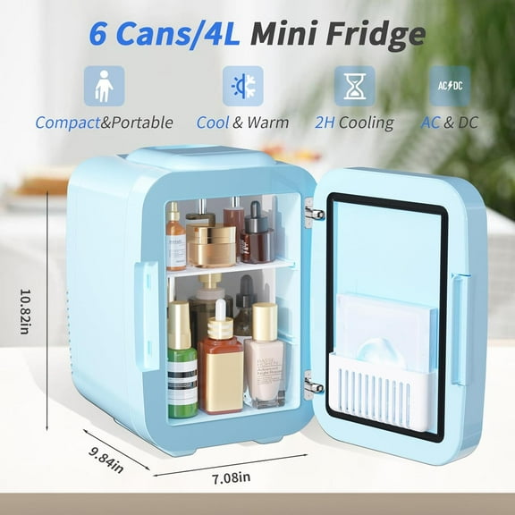 Skincare Fridge Mini Fridge for Bedroom with Dimmable LED Mirror, 4Liter/6 Cans Cooler and Warmer for Makeup, Cosmetic, Beauty, Portable Refrigerator for Bedroom, Vanity, Office and Car- Blue