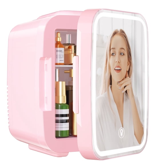 Skincare Fridge Mini Fridge for Bedroom with Dimmable LED Mirror, 4Liter/6 Cans Cooler and Warmer for Makeup, Cosmetic, Beauty, Portable Refrigerator for Bedroom, Vanity, Office and Car- Pink