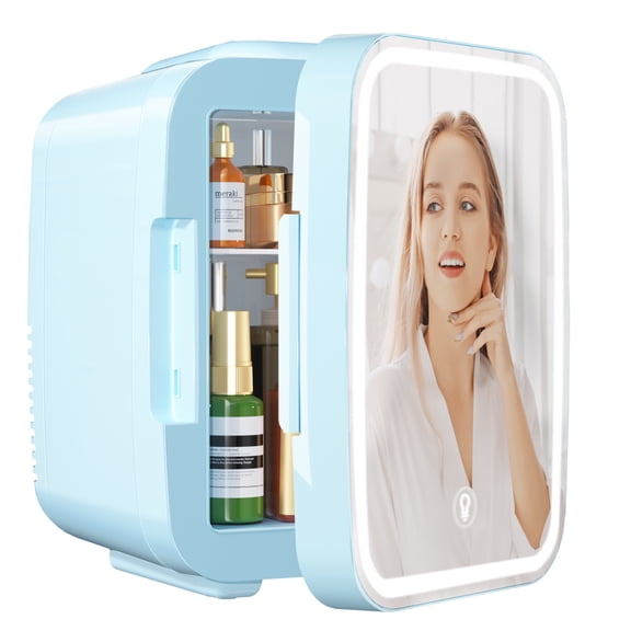 Skincare Fridge Mini Fridge for Bedroom with Dimmable LED Mirror, 4Liter/6 Cans Cooler and Warmer for Makeup, Cosmetic, Beauty, Portable Refrigerator for Bedroom, Vanity, Office and Car- Blue