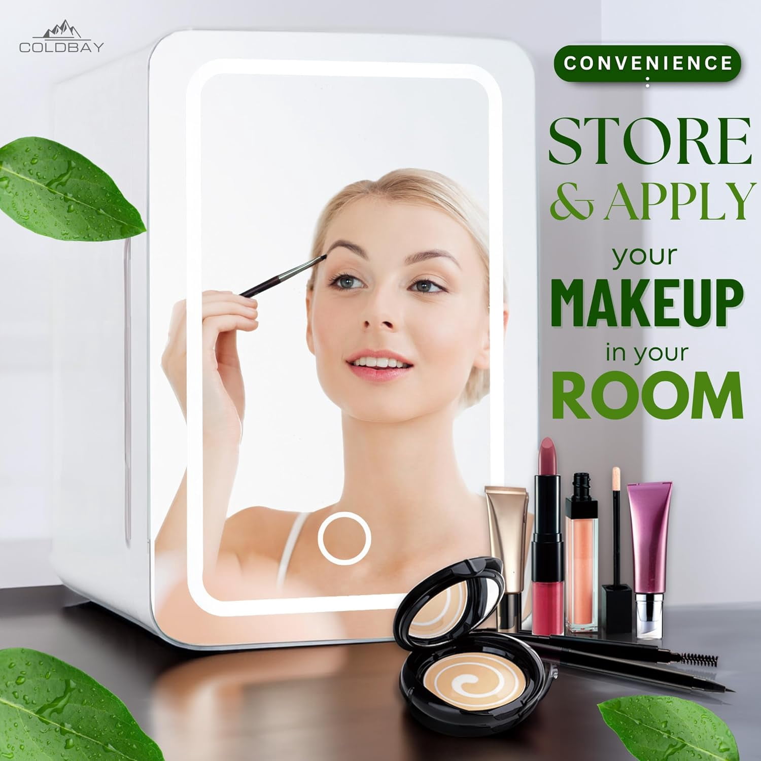 Skincare Fridge with Mirror Door LED Light Cool and Warm Makeup Vanity Refrigerator for Cosmetic Drinks Compact Design for Bedroom Bathroom Dorm AC Cord  Adapter for Car