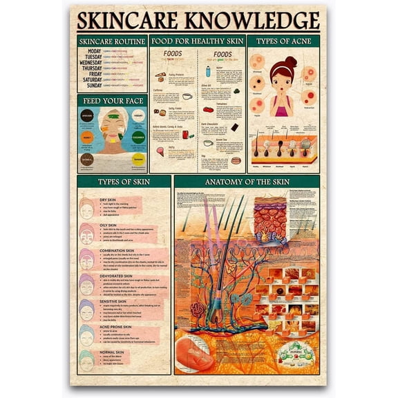 Skincare Knowledge Metal Signs Vintage Wall Decor Girls Bedroom Skincare Guide Tin Posters Makeup Artist Home Studio Shop Room Plaque 8x12 inches