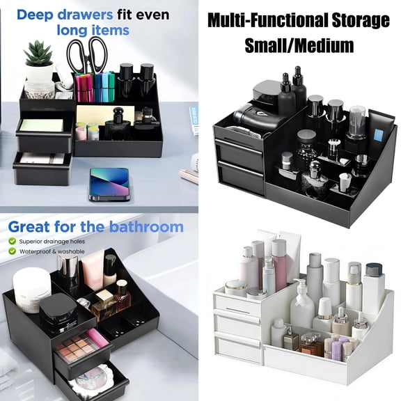 Skincare Organizer with Drawer, Makeup Desk Organizer for Cosmetics Perfume, Vanity Countertop Storage Box, Cosmetic Case for Lipstick Brushes Eyeshadow Jewelry Bathroom Table (M-White)