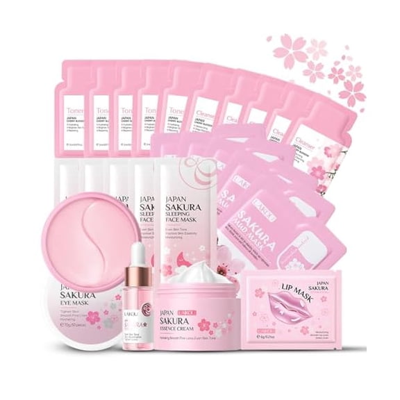 Skincare Set for Teenage Girls, Japan-Sakura Skin Care Products Set, Skin Care Sets & Kits, Cleanser, Toner, Serum, Cream, Sleep Mask,Eye Mask,Mud Mask,Lip Mask Beauty Products Daily Face Care 24PCS