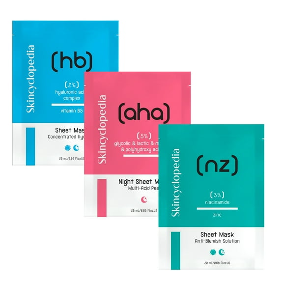 Skincyclopedia Sheet Mask, Hyaluronic, Glycolic & Niacinamide Face Mask Set, Anti-Blemish & Anti-Aging, Intense Hydrating Formula, Brightens Complexion, Improves Skin texture, Unclogs Pores. 3 Pack