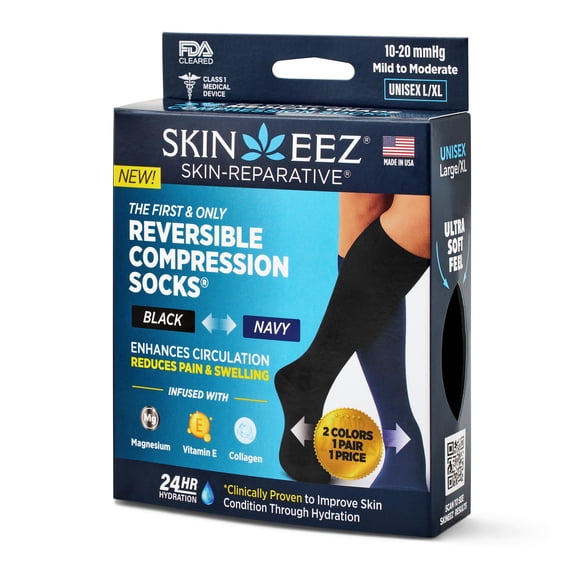 Skineez Hydrating EZ Comfort Reversible Compression Socks, Large XL, Black to Navy 10-20 mmHg