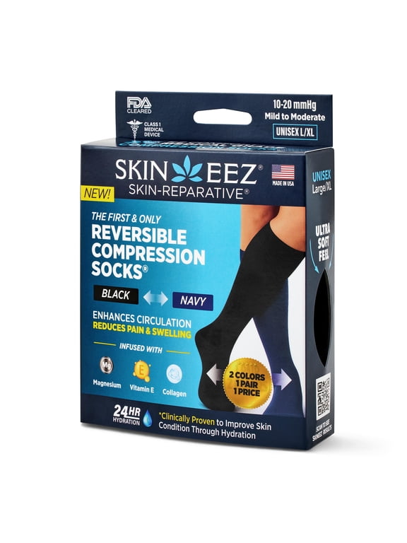 Skineez Hydrating EZ Comfort Reversible Compression Socks, Large XL, Black to Navy 10-20 mmHg
