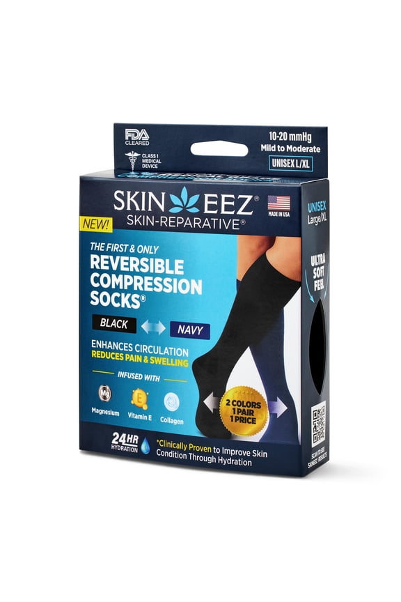 Skineez® Hydrating EZ Comfort® Reversible Compression Socks, Large XL, Black to Navy 10-20 mmHg