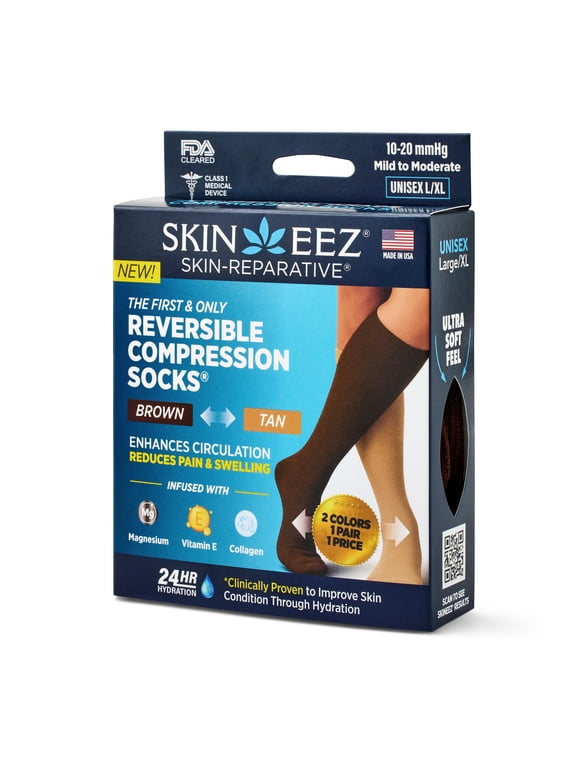 Skineez Hydrating EZ Comfort Reversible Compression Socks 10-20 mmhg, Tan to Brown, Large to XL