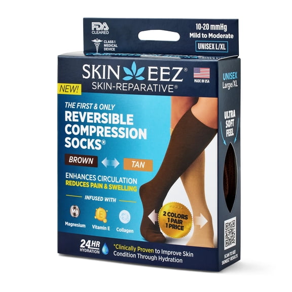Skineez Hydrating EZ Comfort Reversible Compression Socks 10-20 mmhg, Tan to Brown, Large to XL